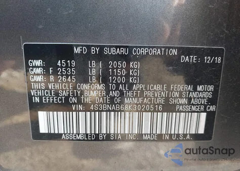 2019 Subaru Legacy 2.5I z USA, uszkodzony, nr VIN 4S3BNAB68K3020516